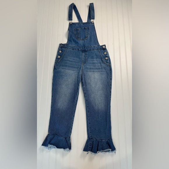 Boohoo Medium Wash Denim Overalls Ruffle Hem K26 - Picture 6 of 7